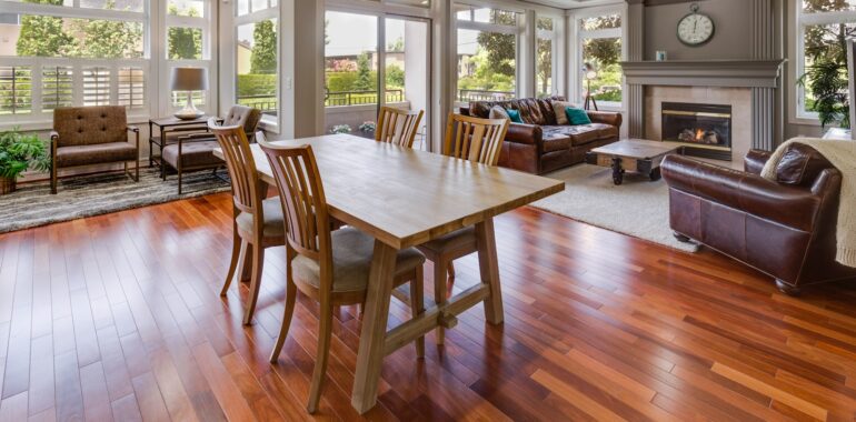 rectangular brown wooden table and chair set