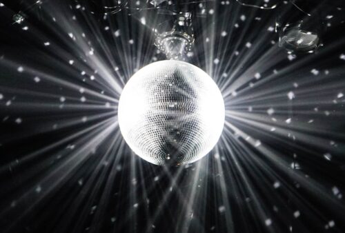 grayscale photography of disco ball